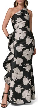 Donna Karan New York Floral Embroidery One-Shoulder Gown