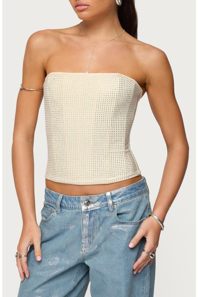 Vezza Rhinestone Strapless Corset Top, Main, color, CREAM