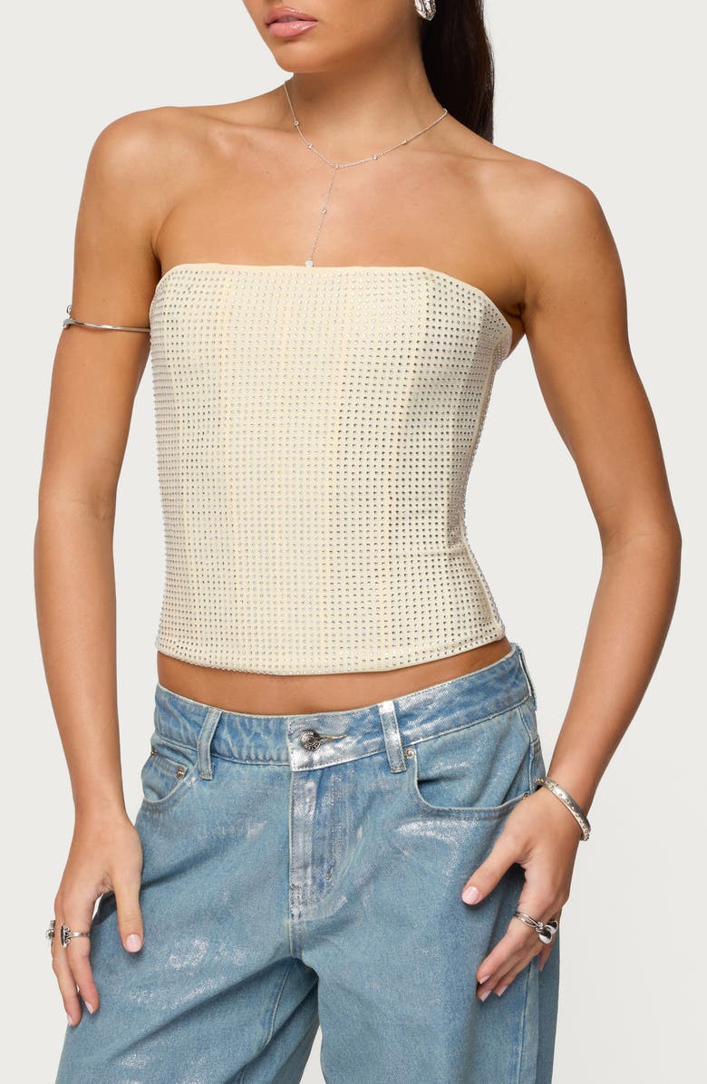 EDIKTED Vezza Rhinestone Strapless Corset Top, Main, color, Cream
