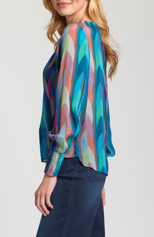 Apny Printed Smocked Cuff Top In Multi