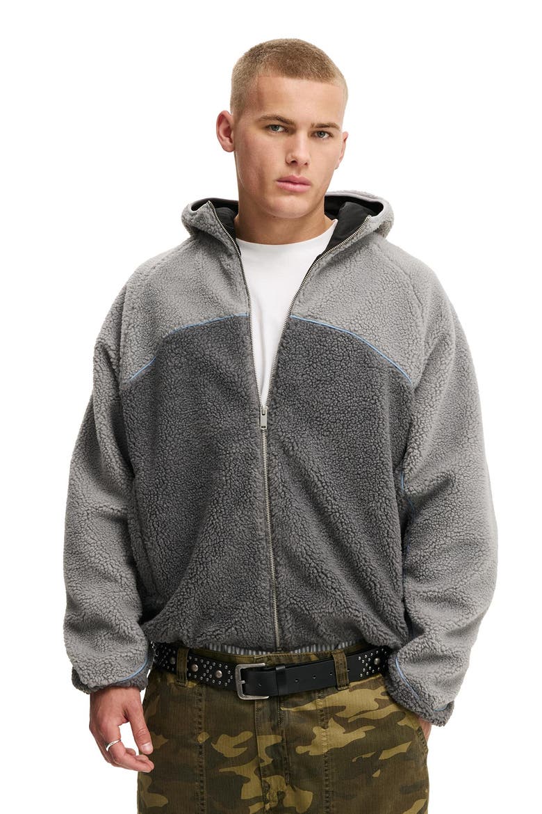 Men's Hooded Teddy Jacket, Main, color, Grey Panelling