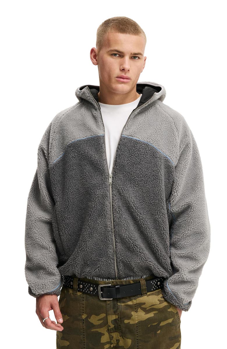 Cotton On Men's Hooded Teddy Jacket, Main, color, Grey Panelling