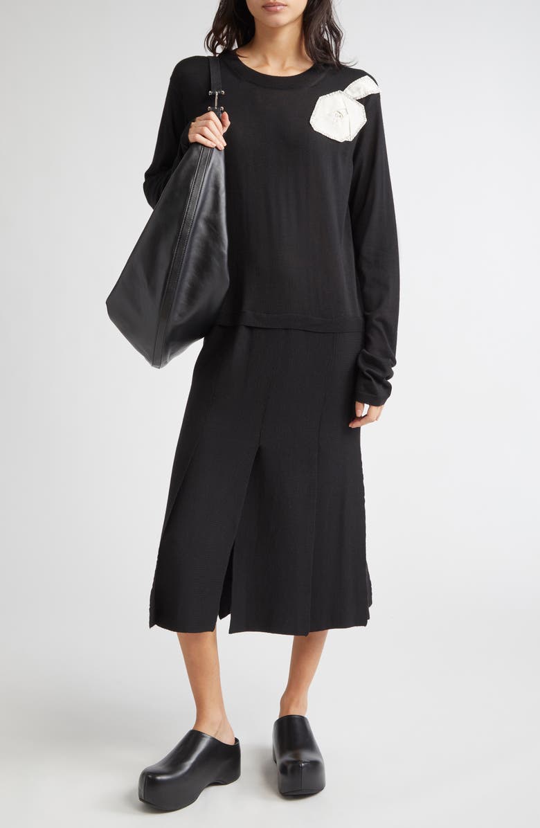 Marni Rose Appliqué Long Sleeve Virgin Wool & Silk Sweater Dress, Main, color, 00N99 Black