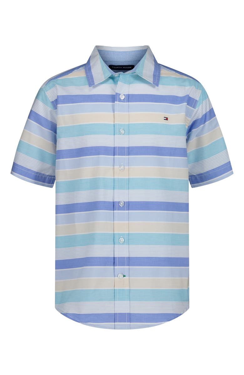 Tommy Hilfiger Kids' Railroad Stripe Short Sleeve Shirt, Main, color, Spring Blue