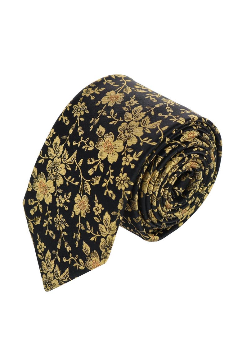 Midas Floral Novelty Silk Necktie, Main, color, Black and Gold