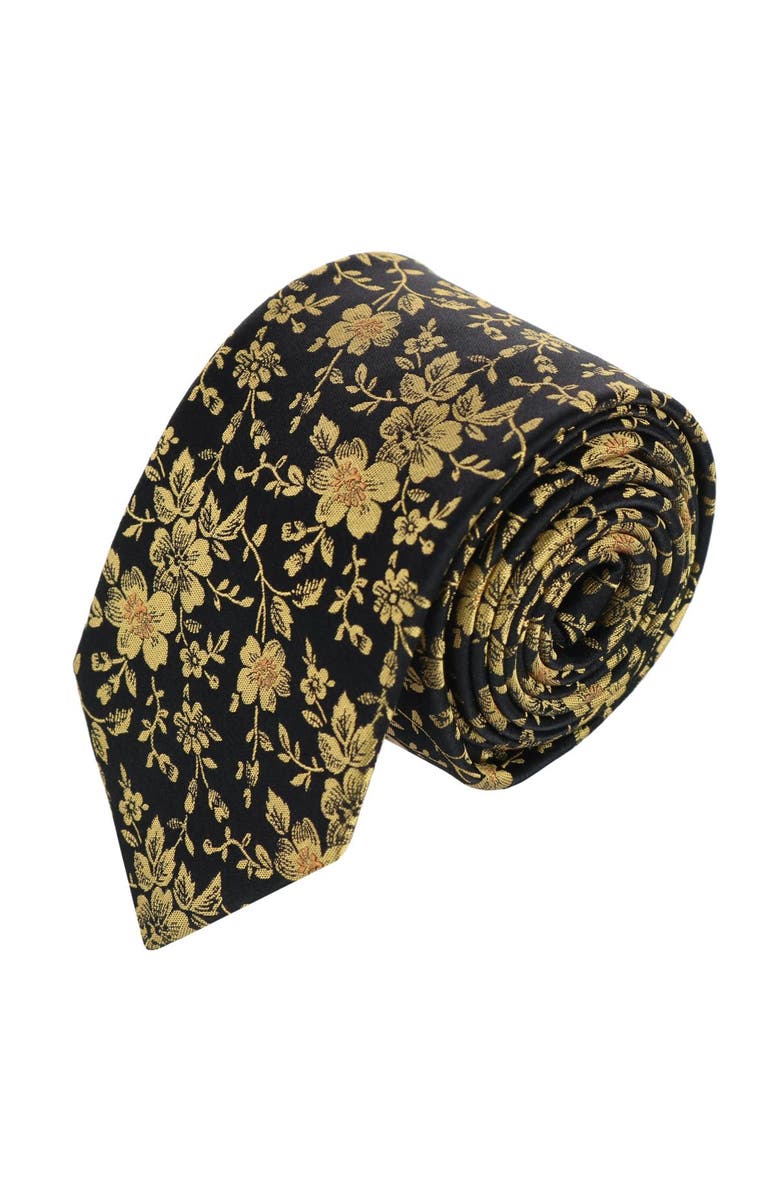 Trafalgar Midas Floral Novelty Silk Necktie, Main, color, Black And Gold