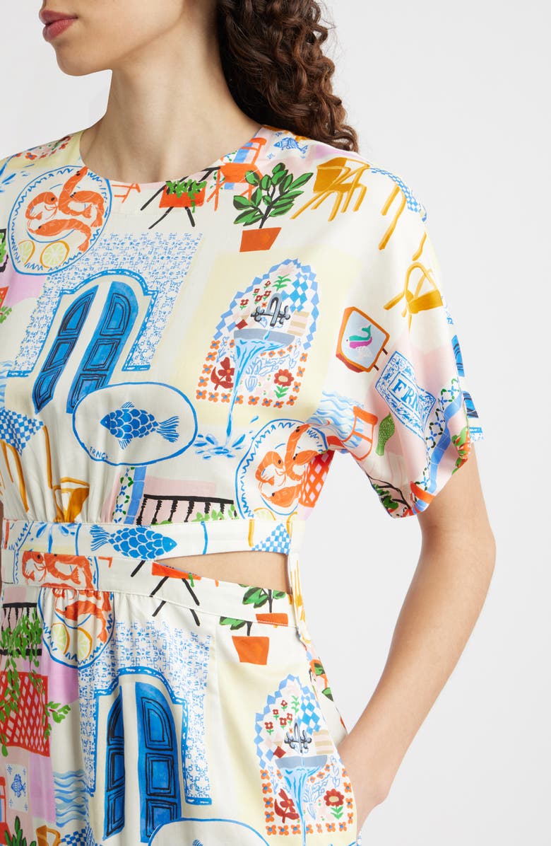 FRNCH Perle Print Cutout Midi Dress, Alternate, color, Bord De Leau