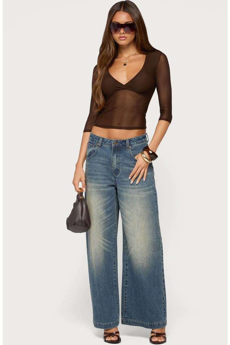 Saely Sheer Mesh Three-Quarter Sleeve Top, Alternate, color, BROWN