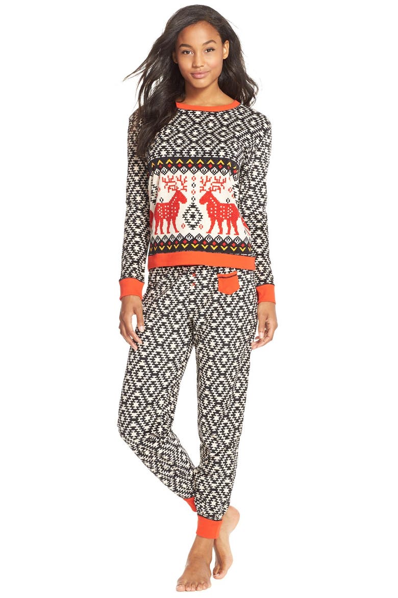 'Arctic Chill' Knit Pajamas, Main, color, BLACK GROUND NOVELTY