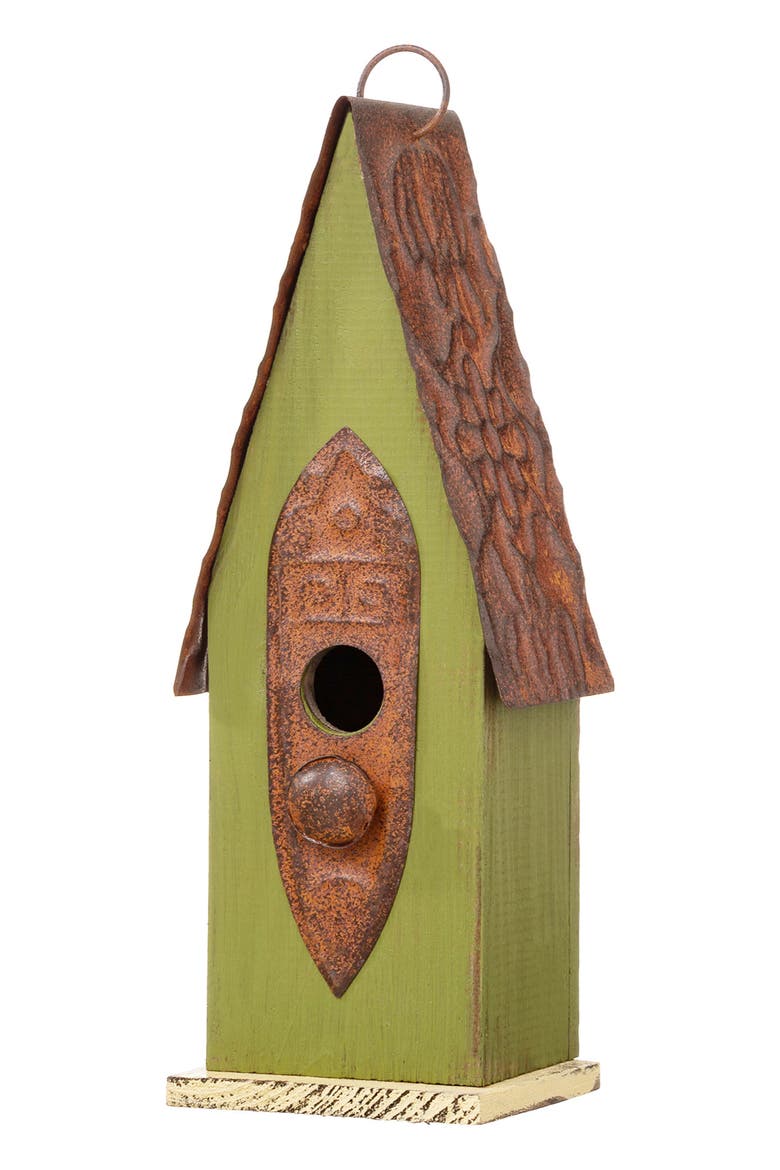 13.25"H Retro Wooden Distressed Garden Birdhouse, Main, color, Green