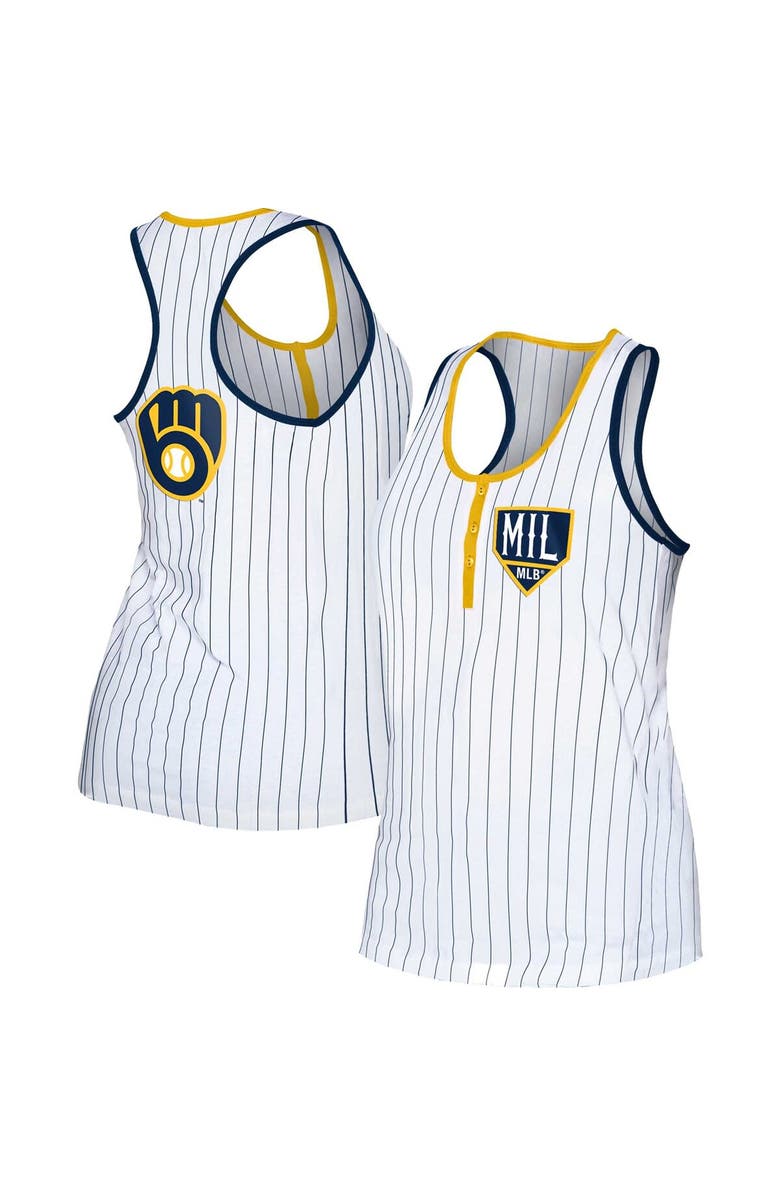 New Era Women's New Era White Milwaukee Brewers Pinstripe Henley Racerback Tank Top, Alternate, color,