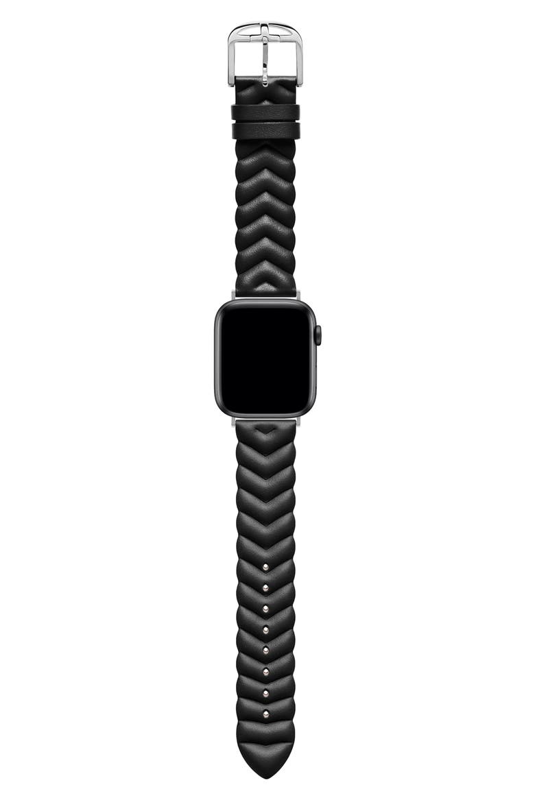 Chevron Leather 20mm Apple Watch® Watchband, Alternate, color, BLACK