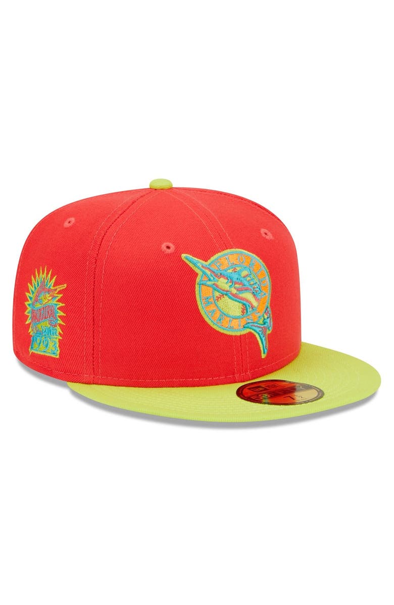 New Era Men's New Era Red/Neon Green Florida Marlins 1993 Inaugural Season  Lava Highlighter Combo 59FIFTY Fitted Hat, Main, color, 
