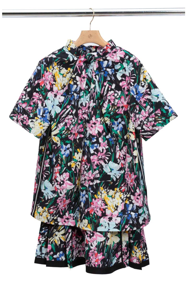 Twist Neck Floral Print Cotton Dress, Main, color, BLACK MULTI