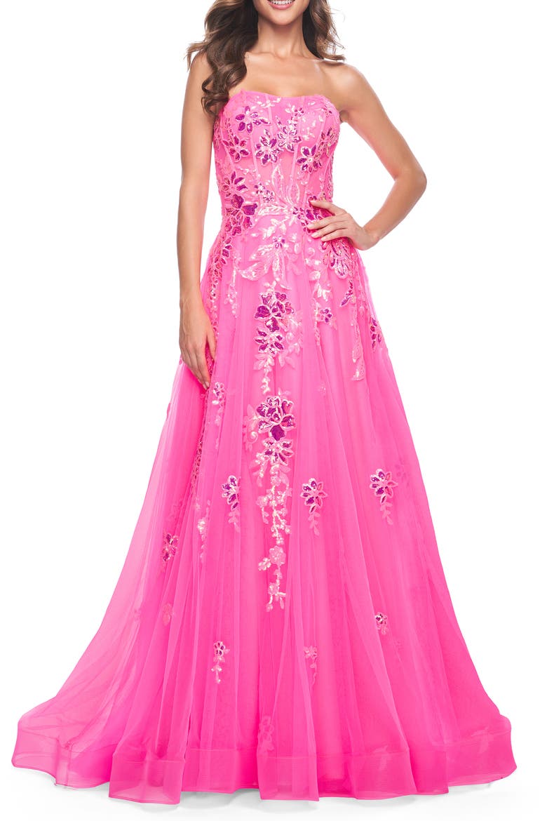 Strapless Tulle A-Line Dress with Sequin Floral Applique, Main, color, Neon Pink
