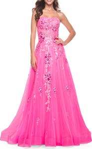 La Femme Strapless Tulle A-Line Dress with Sequin Floral Applique