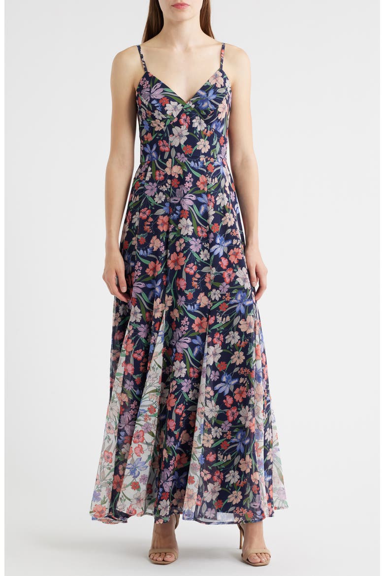 Floral Print Godet Sleeveless Gown, Main, color, NAVY GARDEN