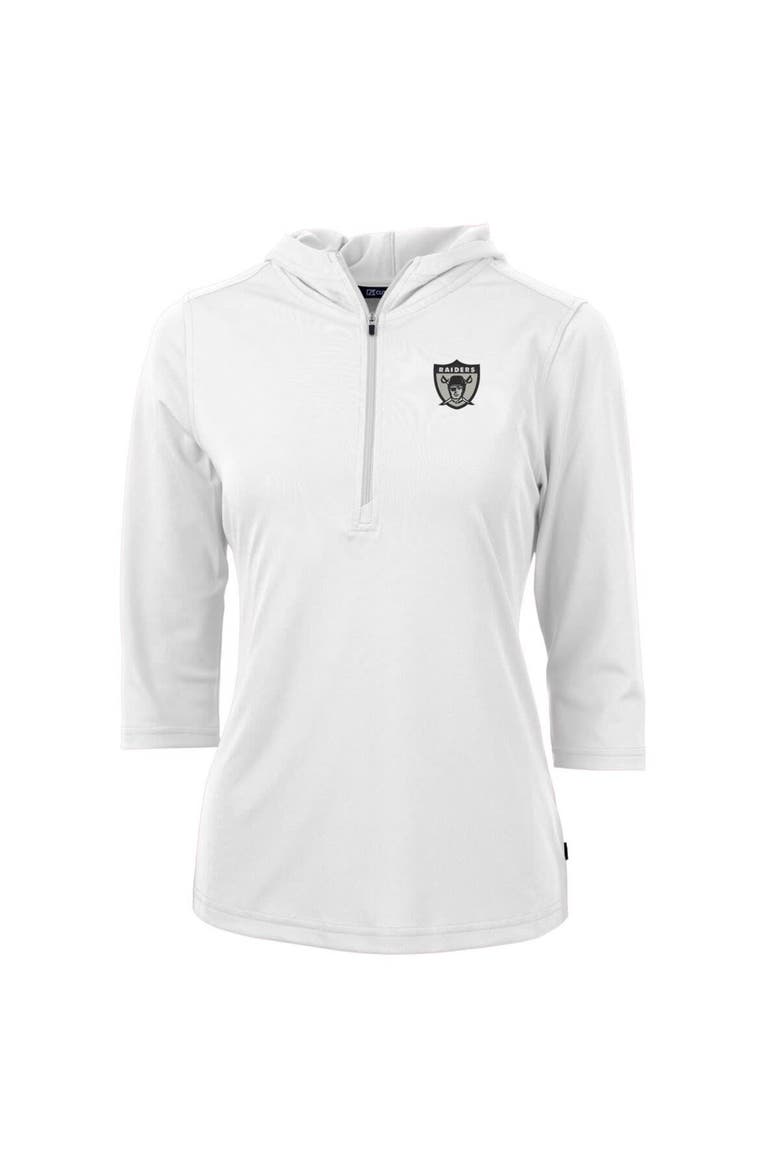 Women's Cutter & Buck White Las Vegas Raiders Throwback Logo Virtue Eco Pique 3/4 Sleeve Half-Zip Pullover Hoodie, Alternate, color, White