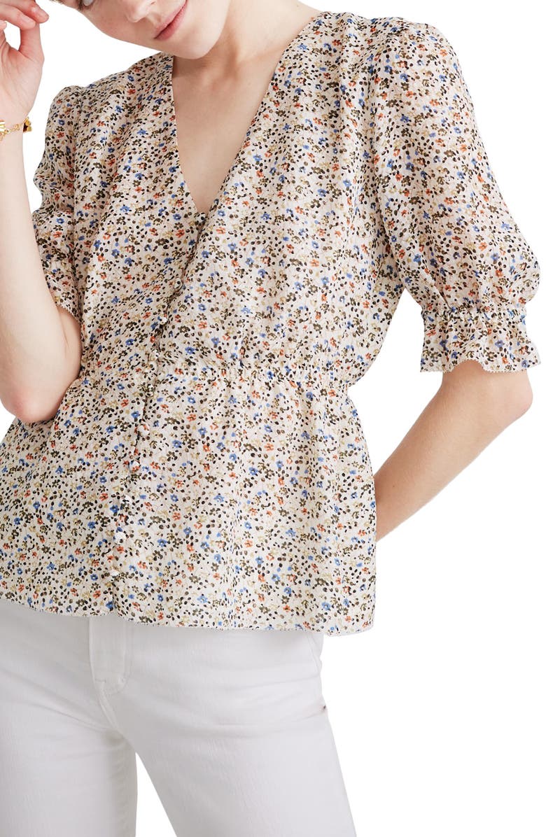 Madewell Fieldwalk Floral Silk V-Neck Peplum Popover Top, Main, color, 
