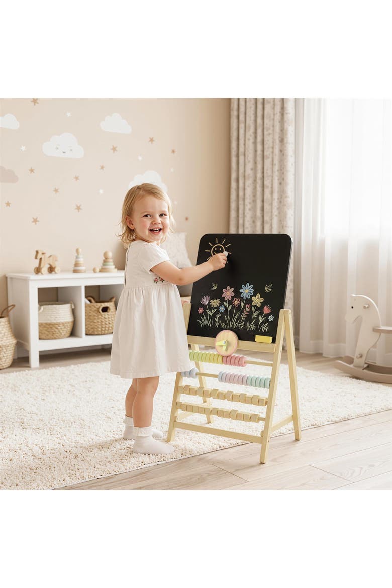 Kids Wooden Art Easel, Double-Sided Chalkboard, Clock & Abacus, Natural, Alternate, color, Natural wood finish
