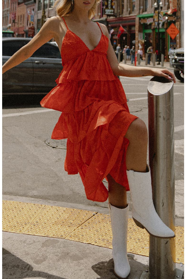 Tiered Midi Dress, Alternate, color, TOMATO RED