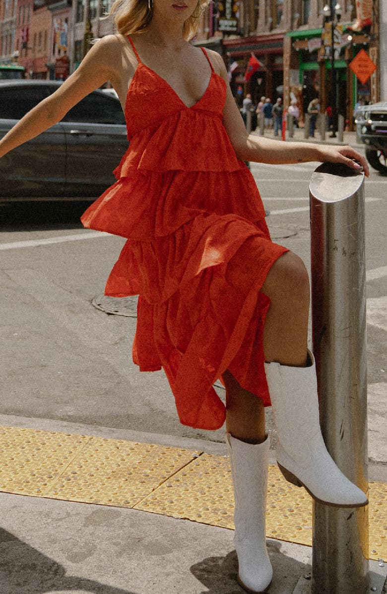 FLYING TOMATO Tiered Midi Dress, Alternate, color, Tomato Red