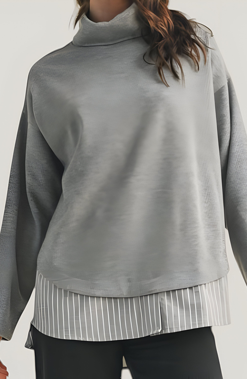 Modenaire Mixed Media Turtleneck Top With Open Back In Gray