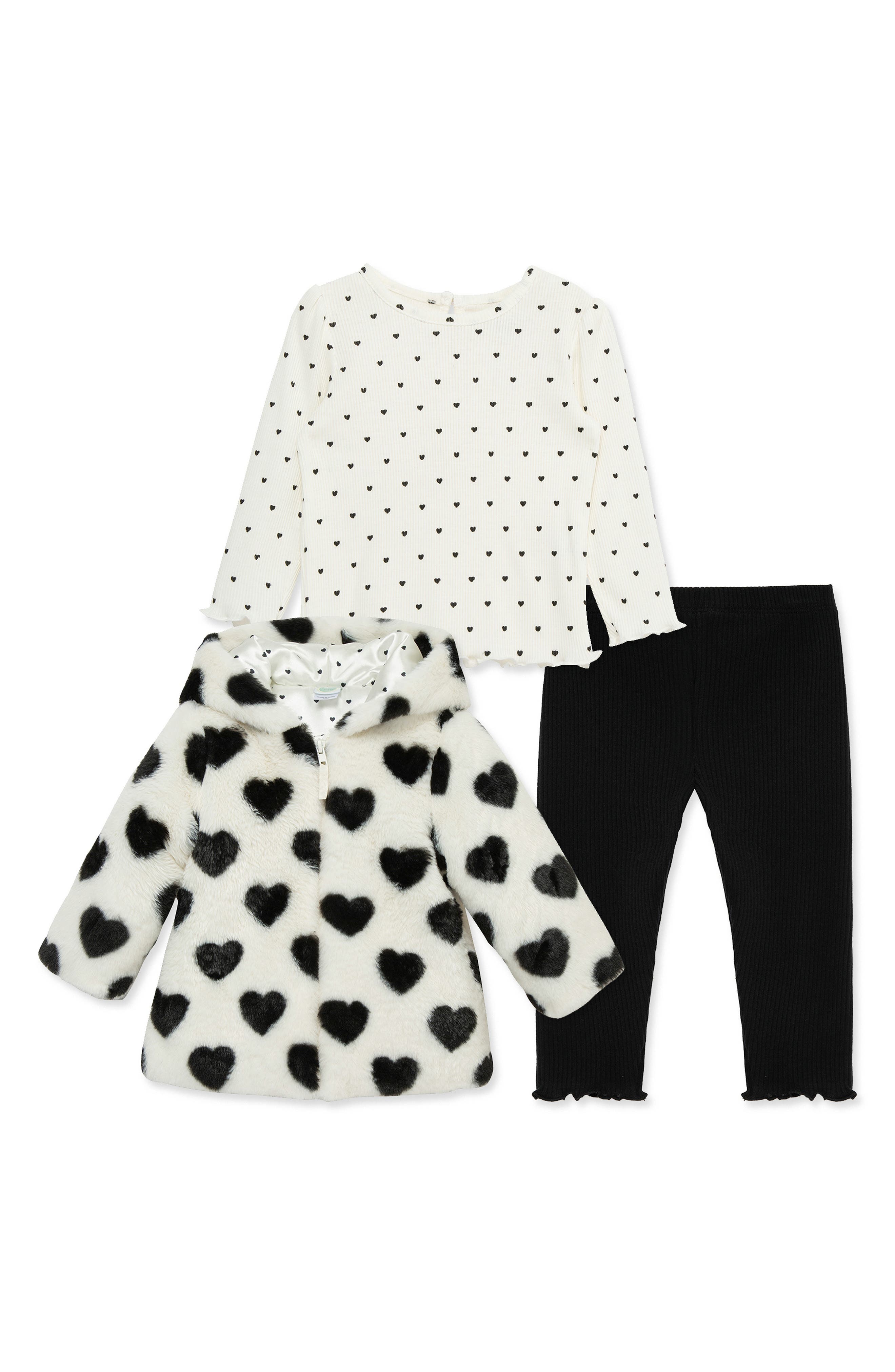 Heart T-Shirt, Faux Fur Jacket & Leggings Set