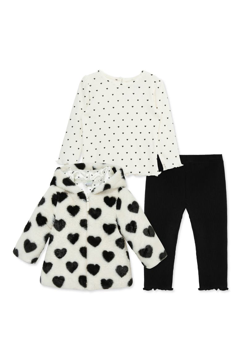 Heart T-Shirt, Faux Fur Jacket & Leggings Set, Main, color, WHITE/ BLACK