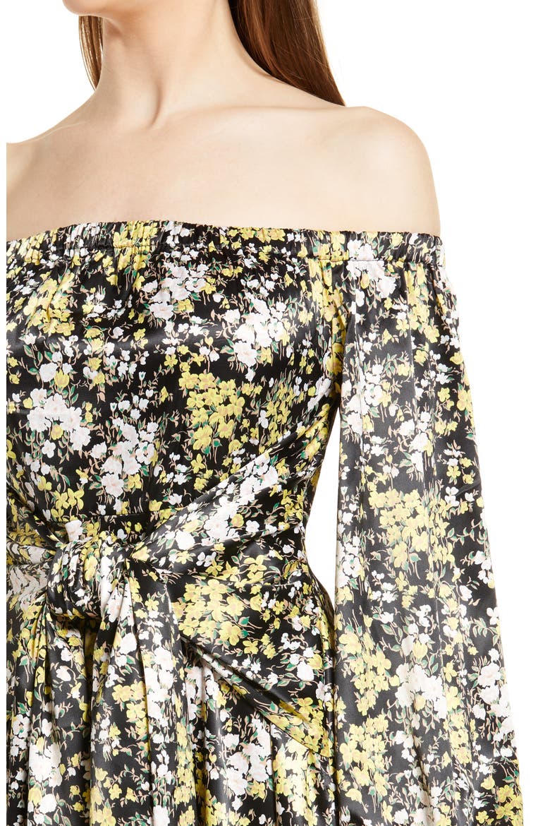 Vaiana Long Sleeve Tie Waist Off the Shoulder Satin Maxi Dress, Alternate, color, BLACK YELLOW BLOOM