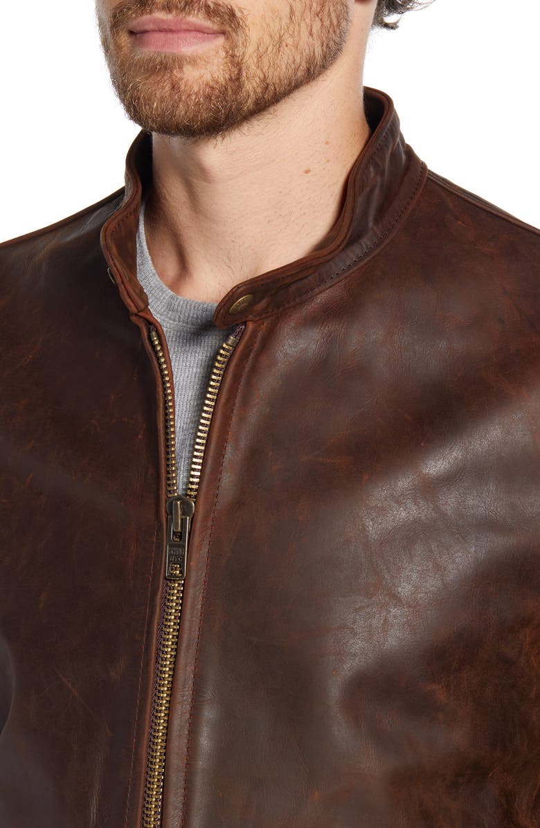 Schott NYC Café Racer Lightweight Oiled Cowhide Leather Jacket, Alternate, color, Brown