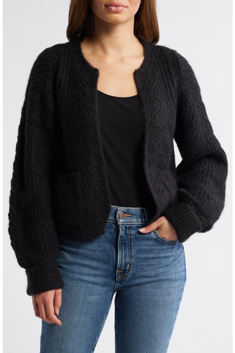 Blouson Sleeve Cable Knit Crop Cardigan, Main, color, BLACK