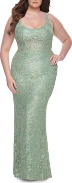La Femme Fitted Beaded Lace Plus Size Prom Dress with Illusion Waist