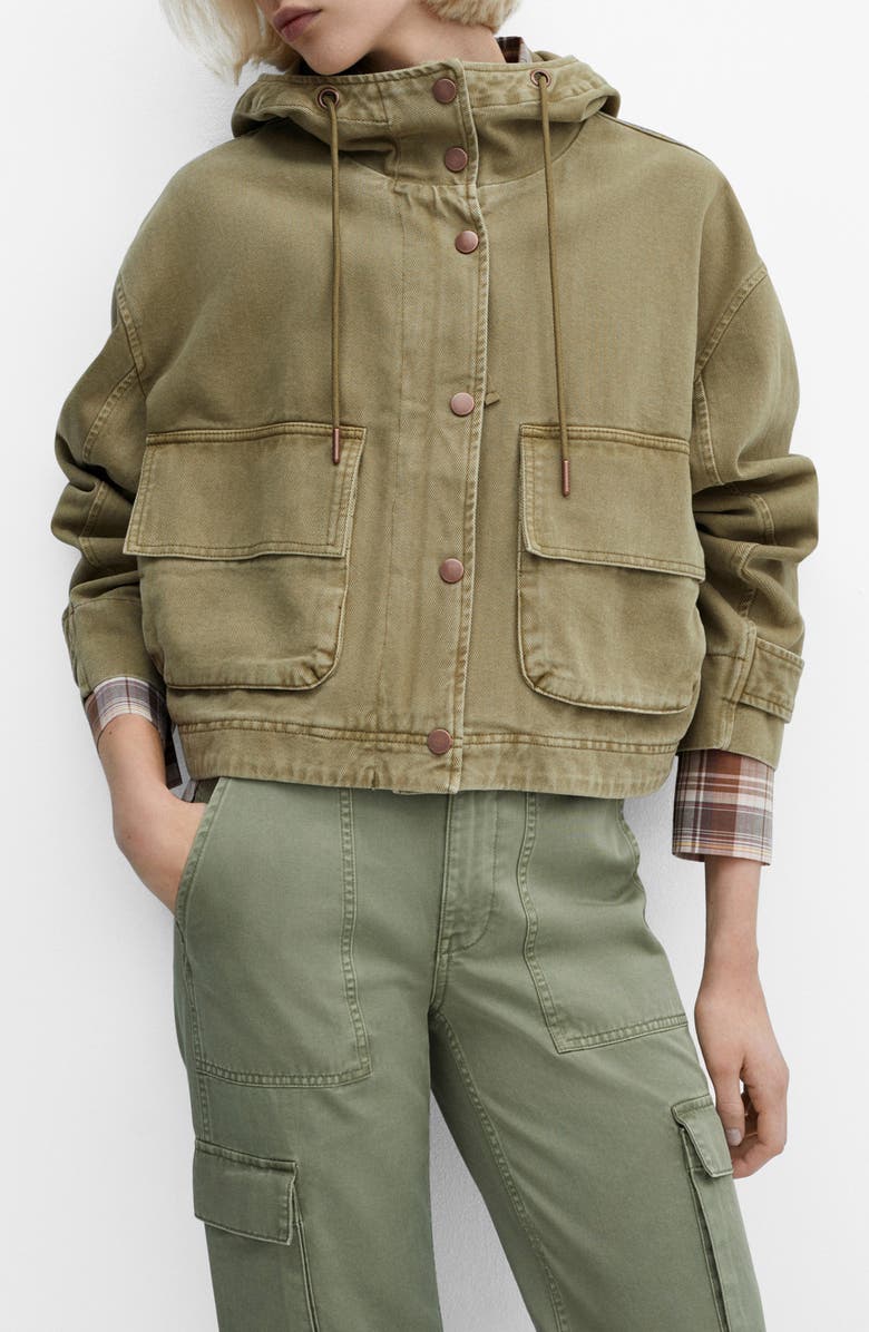 MANGO Hooded Crop Twill Utility Jacket, Main, color, 