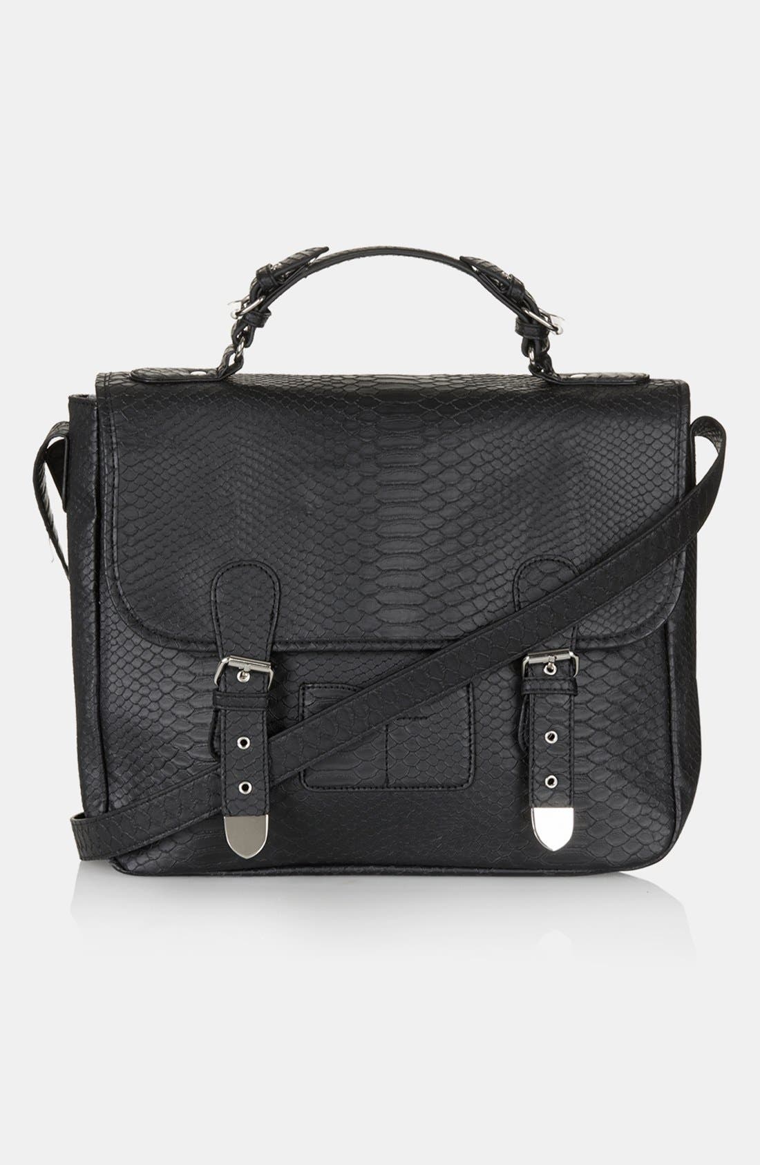 Snake Embossed Faux Leather Satchel, Large, Main, color, BLACK