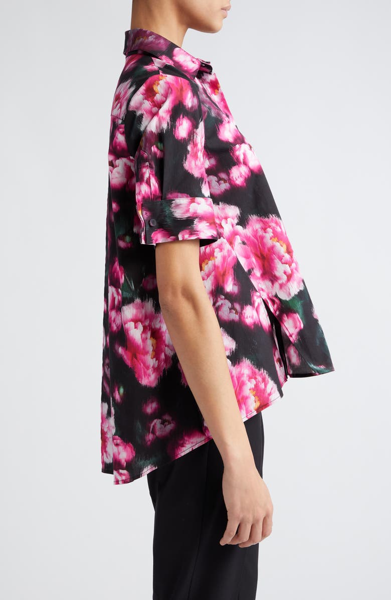 Adam Lippes Floral Print Stretch Poplin Trapeze Shirt, Alternate, color, Black Floral