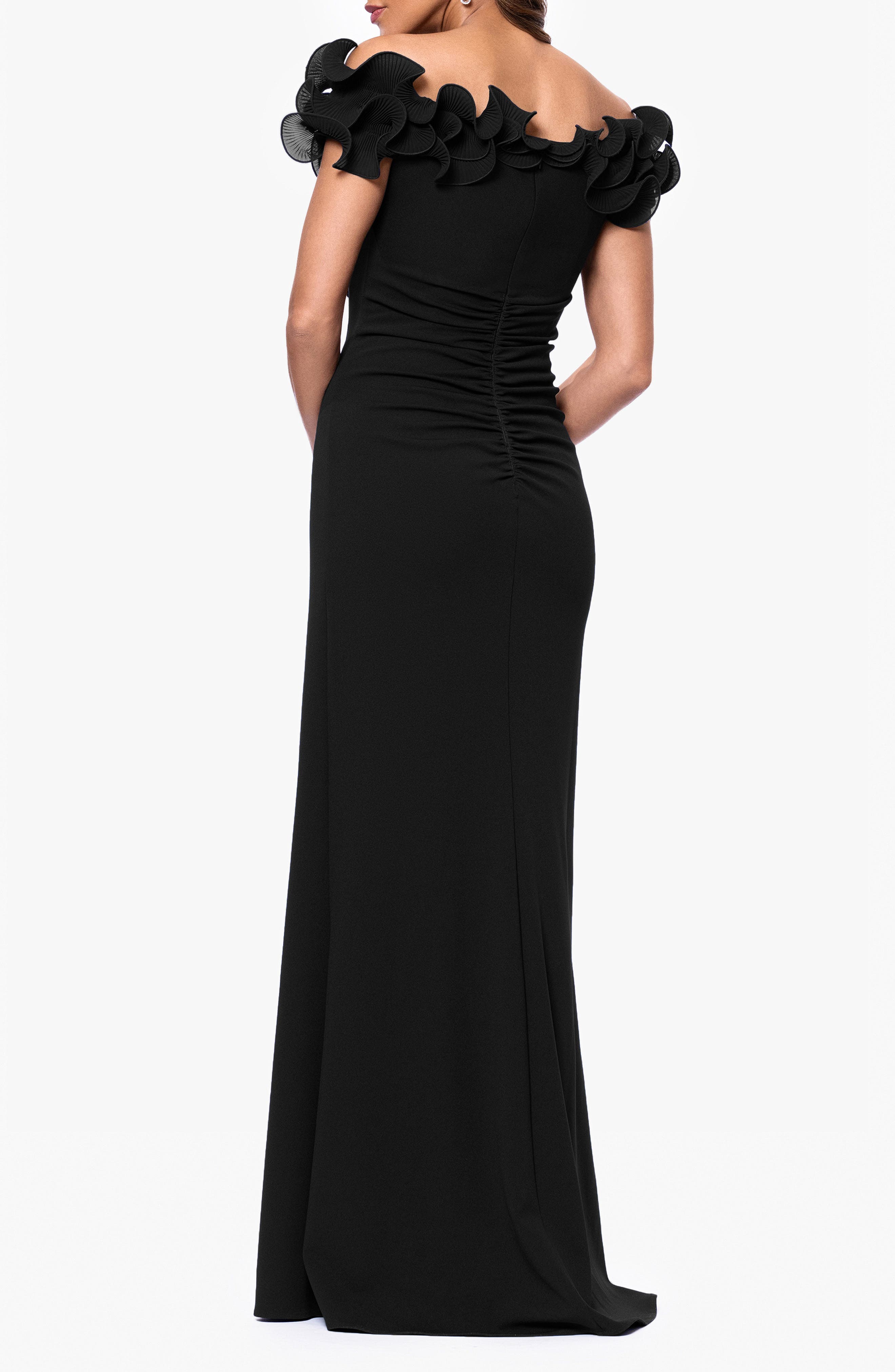 xscape lace sheath dress Xscape Women's Ruffled-Off-The-Shoulder Crepe Gown - Black