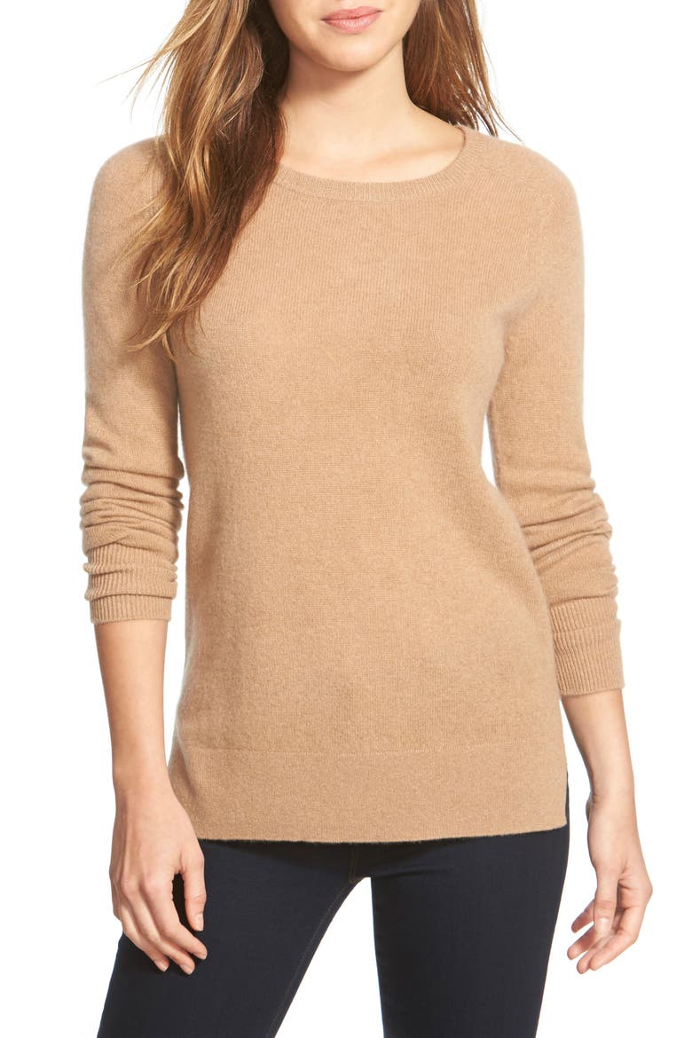 Crewneck Lightweight Cashmere Sweater, Main, color, HEATHER CAMEL