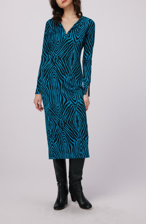 DVF Sonca Zebra Print Long Sleeve Midi Dress in Zebra Blue 