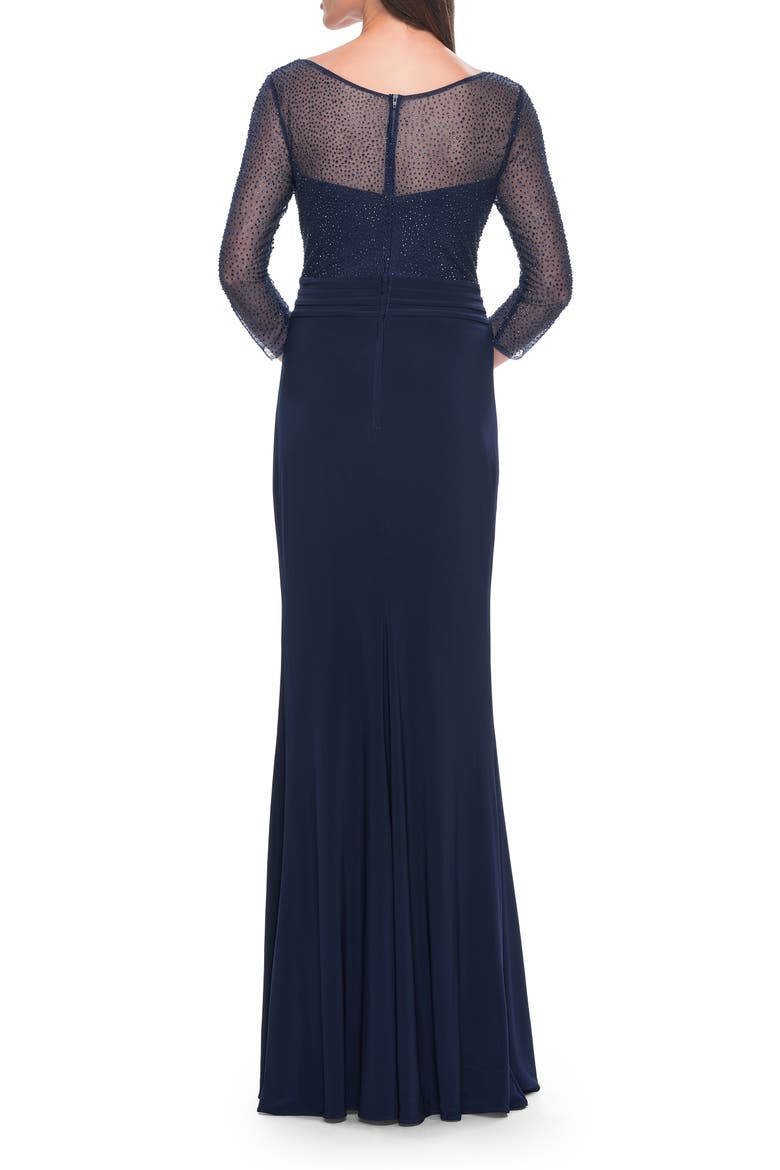 Evening Gown with Illusion Rhinestone Sleeves, Alternate, color, Navy