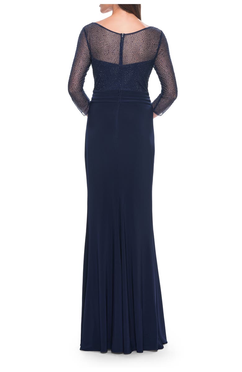 La Femme Evening Gown with Illusion Rhinestone Sleeves, Alternate, color, Navy