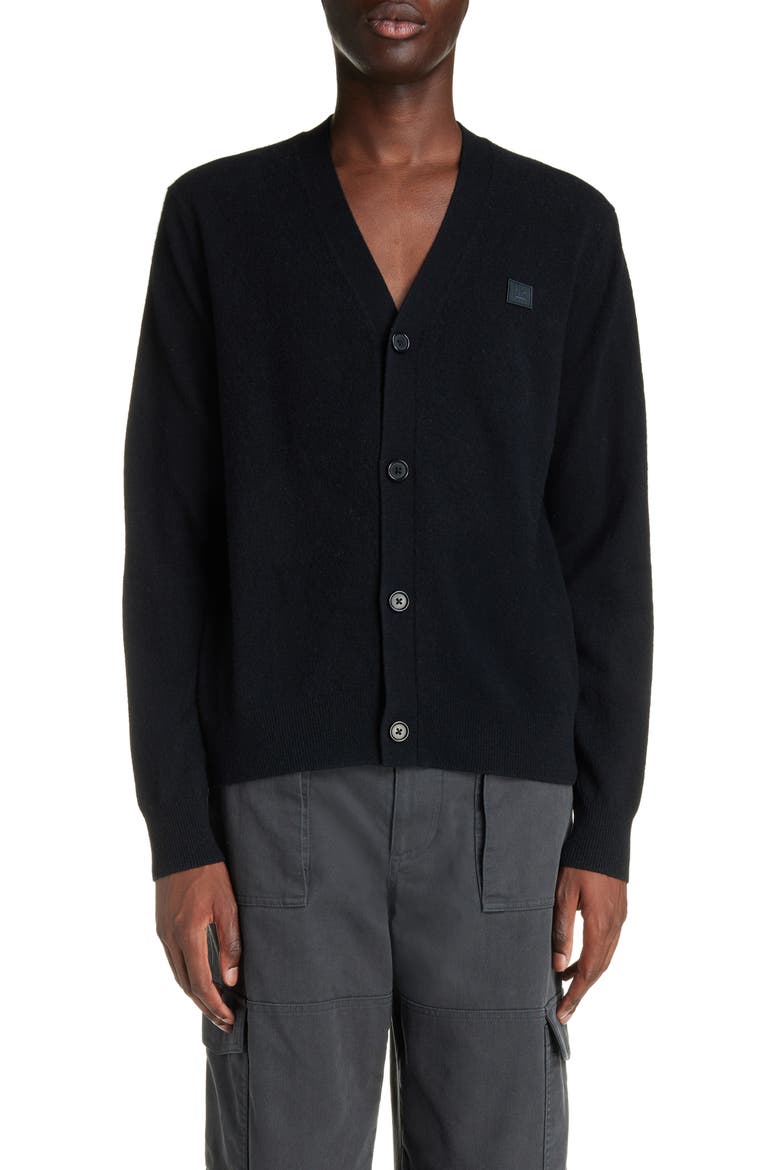 Face Logo Wool Cardigan, Main, color, BLACK