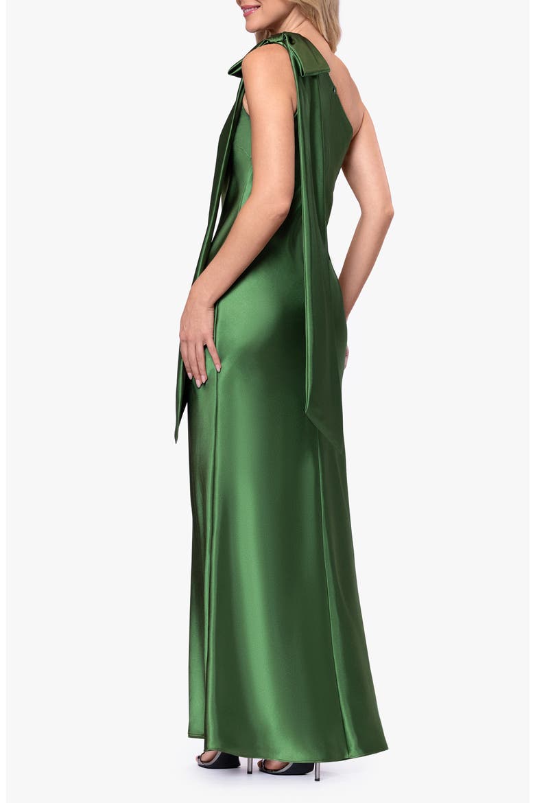 Bow Detail One-Shoulder Satin Gown, Alternate, color, MOSS