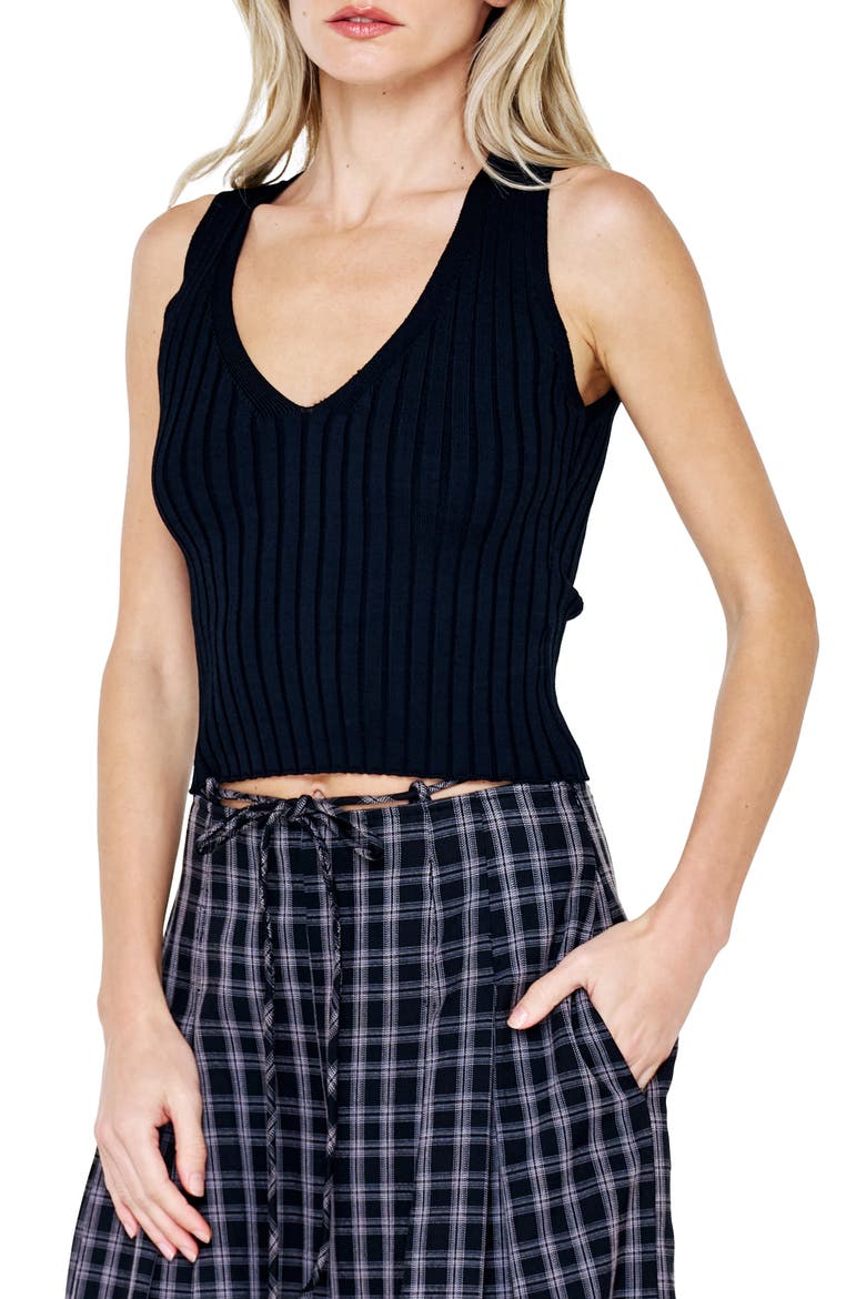 Twyla Plunge V-Neck Rib Knit Top, Alternate, color, BLACK