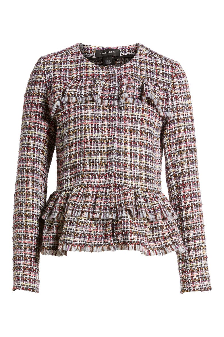 RUFFLE DETAIL TWEED JACKET, Alternate, color, PINK MULTI TWEED