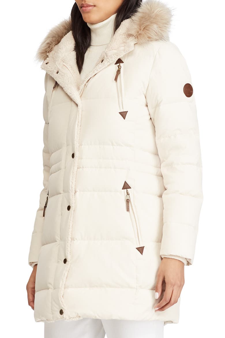 Faux Fur Trim Down & Feather Fill Parka, Main, color, MODA CREAM