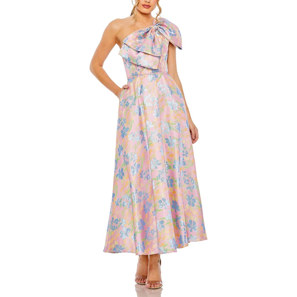 Mac Duggal One Shoulder Embroidered Floral A Line Dress In Pink Multi