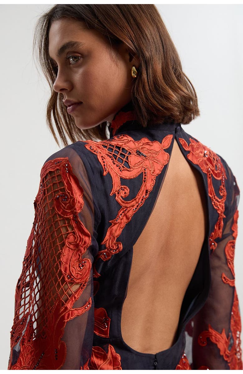 Karen Millen High Neck Embroidered Midi Dress, Alternate, color, Navy