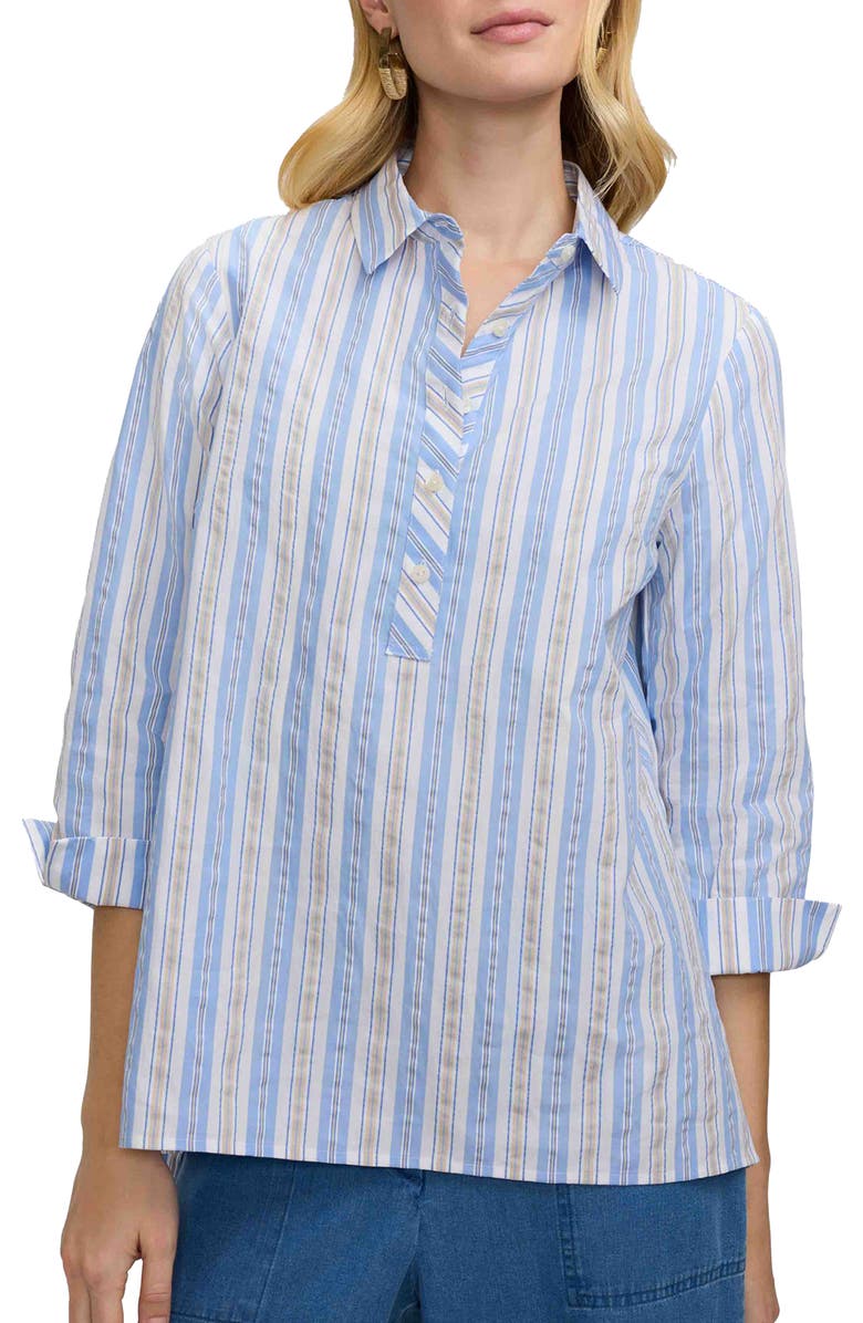 Foxcroft Therese Stripe Button Back Cotton Seersucker Popover Shirt, Main, color, Blue/ Multi
