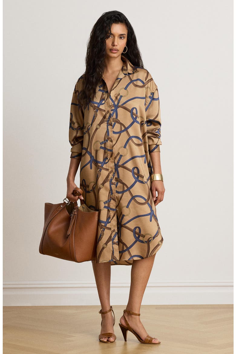 Belt Print Long Sleeve Twill Shirtdress, Alternate, color, CAMEL BEIGE